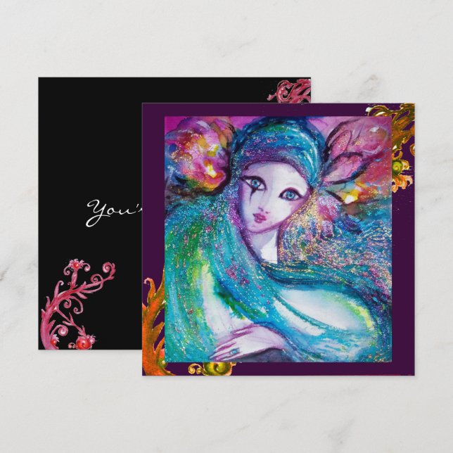 Invitation MASQUE DAME BLEUE Tourbillons Rouges Jaunes Fête d (Devant / Derrière)