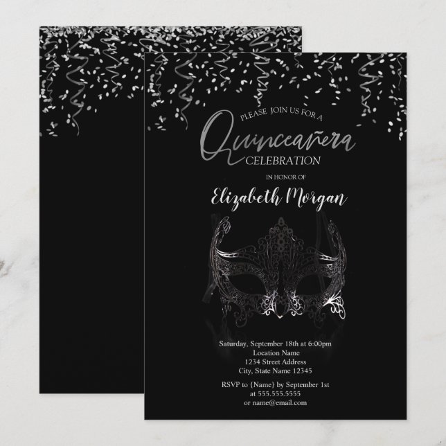 Invitation Masque d'argent, Mascarade Confetti Quinceañera (Devant / Derrière)