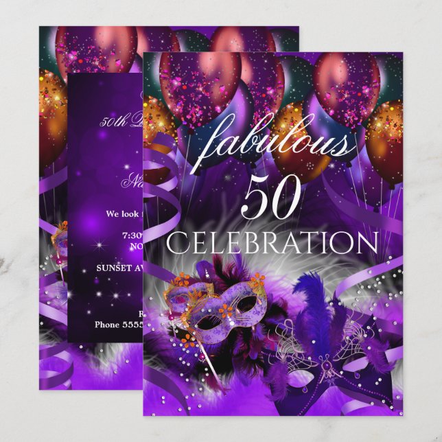 Invitation Masque de 50 ballons violets pour une soirée masqu (Devant / Derrière)