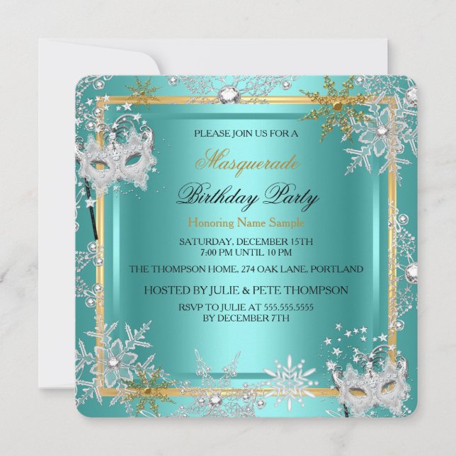 Invitation Masque de bal Bleu sarcelle Or Flocon de neige Arg (Devant)
