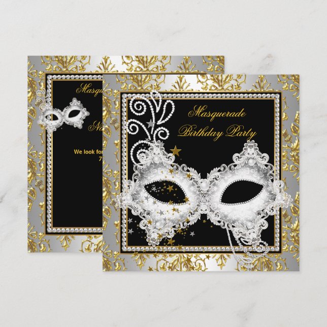 Invitation Masque de bal masqué Argent Or Damassé Noir (Devant / Derrière)
