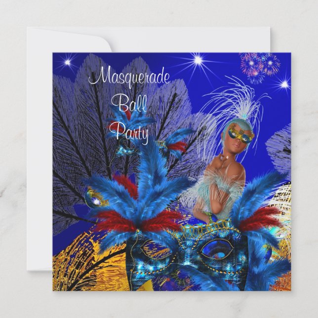 Invitation Masque de bal masqué bleu jaune ShowGirl (Devant)