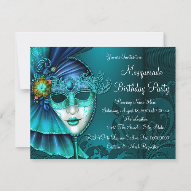 Invitation Masque de bal masqué bleu sarcelle (Devant)