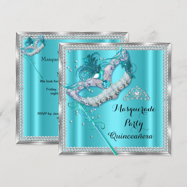 Invitation Masque de Bal Masqué Bleu sarcelle Quinceanera (Devant / Derrière)