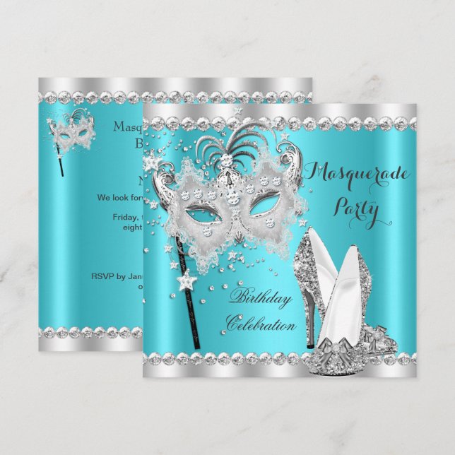 Invitation Masque de bal masqué bleu sarcelle Talons hauts Fê (Devant / Derrière)