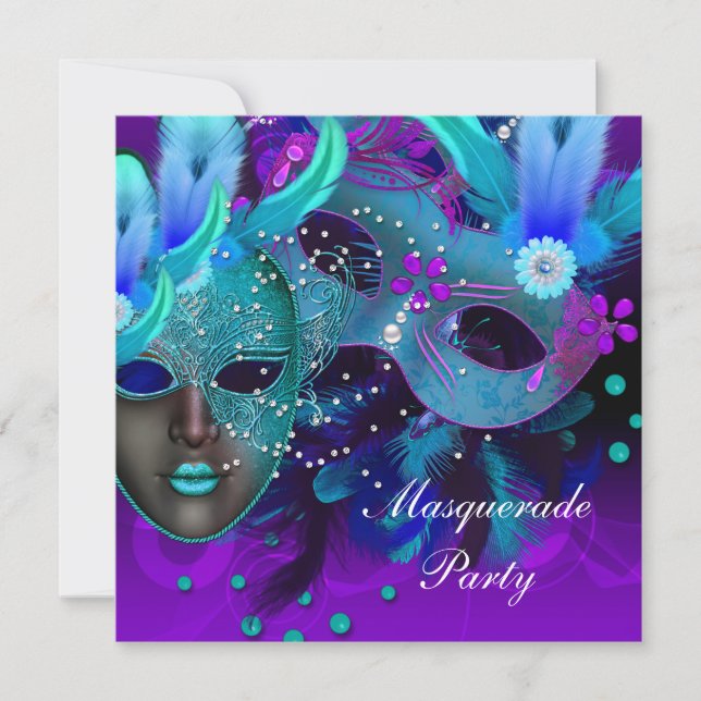Invitation Masque de bal masqué Bleu sarcelle Violet Masques  (Devant)