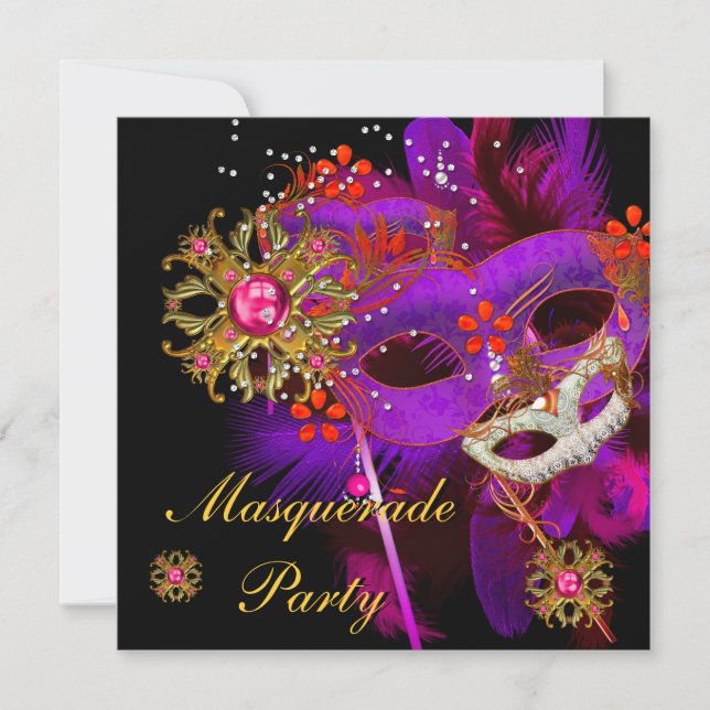 Invitation Masque de bal masqué Fête Violet Rose Noir (Devant)