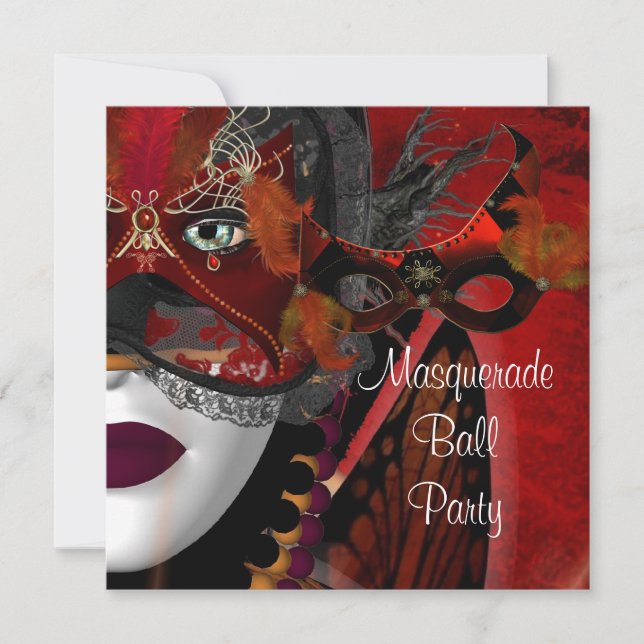 Invitation Masque de bal masqué Fille Noir Rouge 2 (Devant)