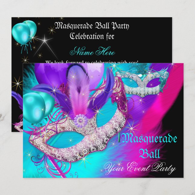 Invitation Masque de Bal Masqué Masques Violet Bleu Turquoise (Devant / Derrière)
