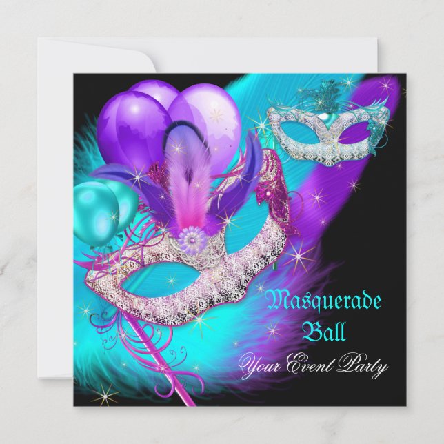 Invitation Masque de Bal Masqué Masques Violet Bleu Turquoise (Devant)