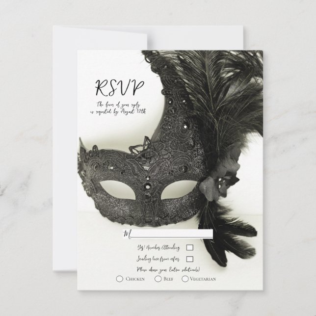Invitation Masque de bal masqué noir élégant RSVP de mariage  (Devant)