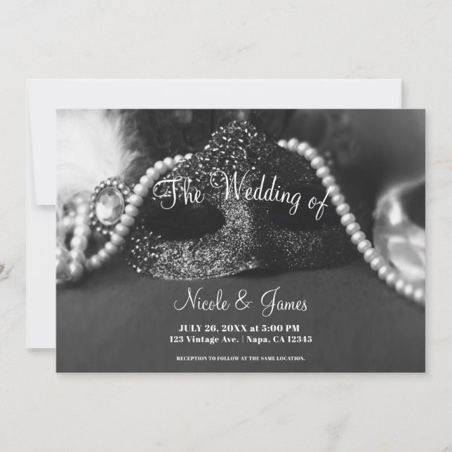 Invitation Masque de bal masqué noir et blanc perles mariage (Devant)