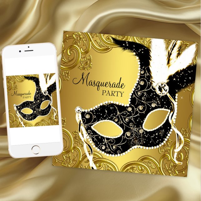 Invitation Masque de bal masqué noir et or (Any occasion masquerade party invitation. Instant download and printed invitations available.)