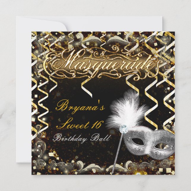 Invitation Masque de bal masqué or et argent Fête d'anniversa (Devant)