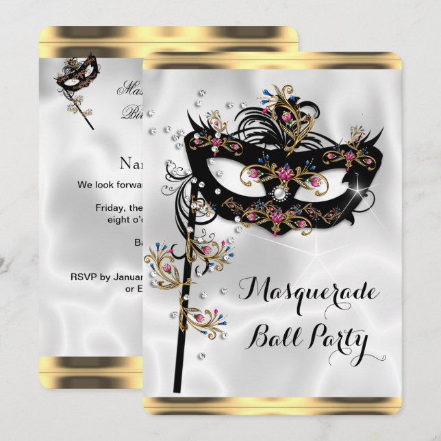 Invitation Masque de bal masqué Or Noir Blanc (Devant / Derrière)