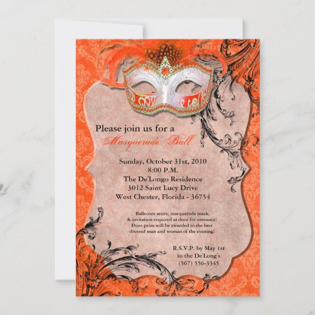 Invitation Masque de bal masqué orange Costume d'Halloween (Devant)