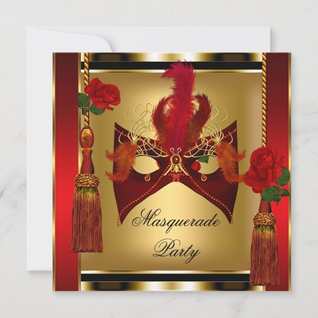 Invitation Masque de bal masqué Rose Or Rouge Noir (Devant)