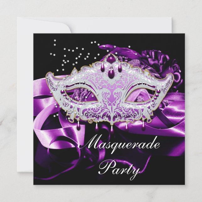 Invitation Masque de bal masqué Rose Violet Noir (Devant)