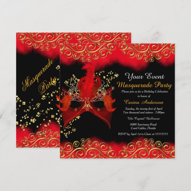 Invitation Masque de bal masqué Rouge Noir Or Fête d'annivers (Devant / Derrière)