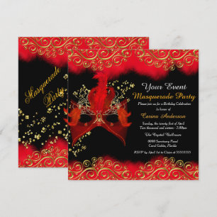 Invitation Masque de bal masqué Rouge Noir Or Fête d'annivers