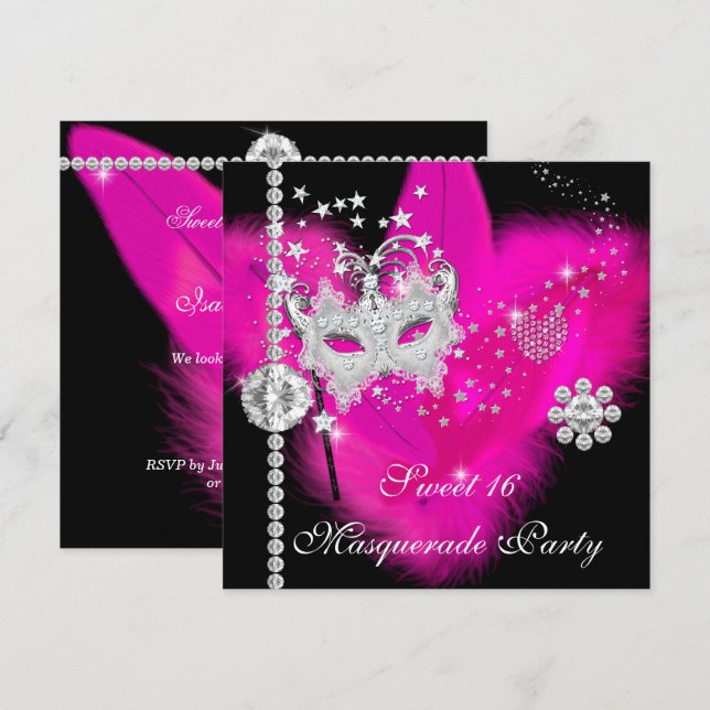 Invitation Masque de bal masqué Sweet 16 rose chaud noir à pl (Devant / Derrière)