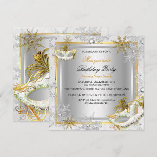 Invitation Masque de Bal Or Argent Flocons de Neige Masques F