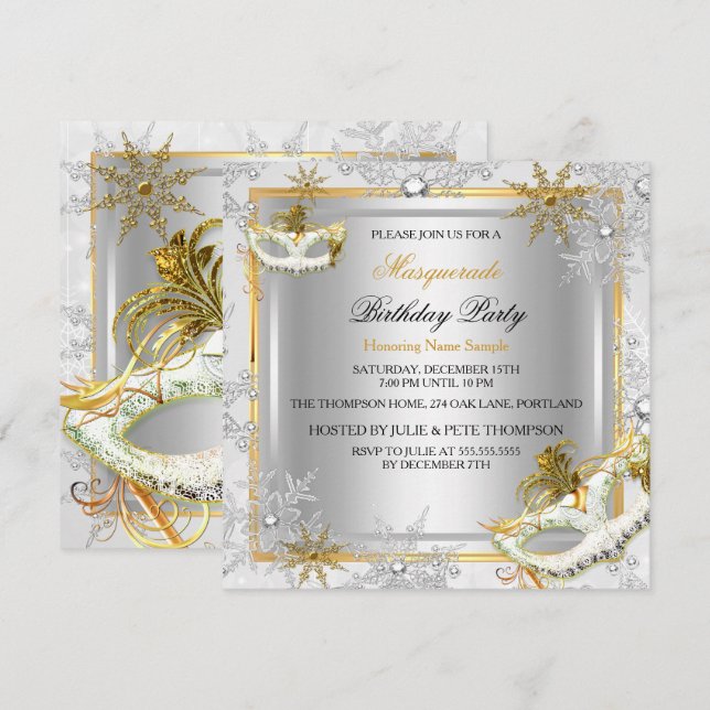 Invitation Masque de bal Or Argent Masques Flocons de neige F (Devant / Derrière)