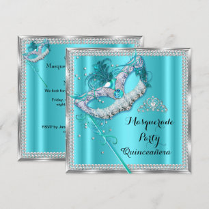 Invitation Masque de Bal Quinceañera Bleu Canard Mascarade