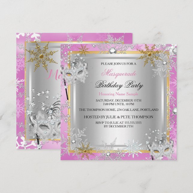 Invitation Masque de bal Rose Gold Flocons de neige Masques A (Devant / Derrière)