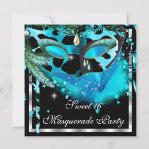 Invitation Masque de bal Sweet 16 sarcelle noir à plumes 3