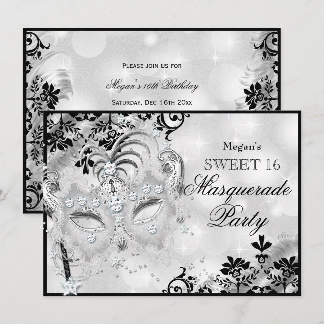 Invitation Masque de bijou doux 16 et masquerade en argent da (Devant / Derrière)