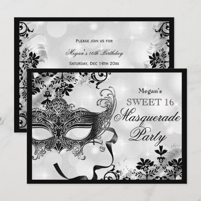 Invitation Masque de bijou & Masquerade argent Damassé Sweet  (Devant / Derrière)