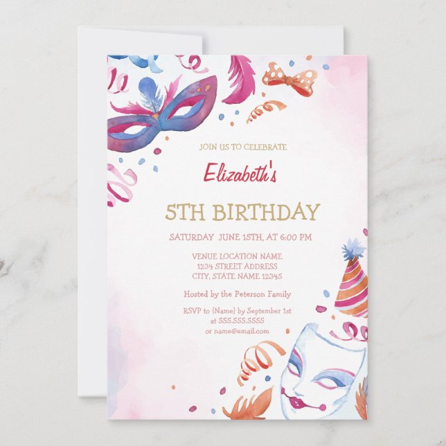 Invitation Masque de Carnaval à l'aquarelle pour anniversaire (Devant)