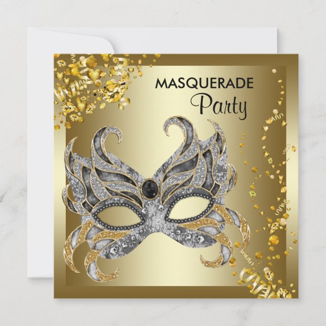 Invitation Masque de confettis argent or soirée masquée (Devant)