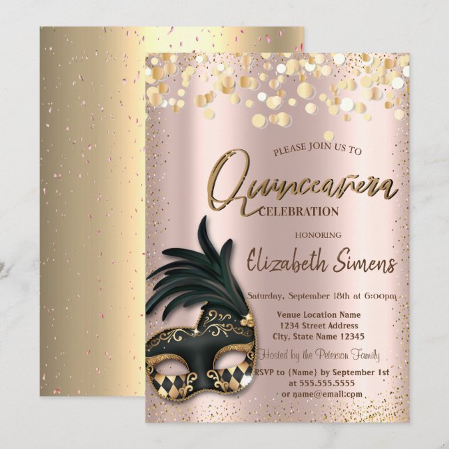 Invitation Masque de confettis dorés Rose Gold Quinceañera (Devant / Derrière)