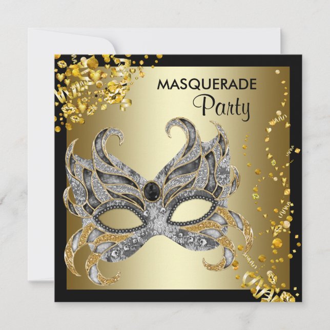 Invitation Masque de confettis noir or soirée masquée (Devant)