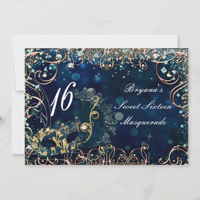 Invitation Masque de costume de masquerade bleu et or pour fê (Devant)