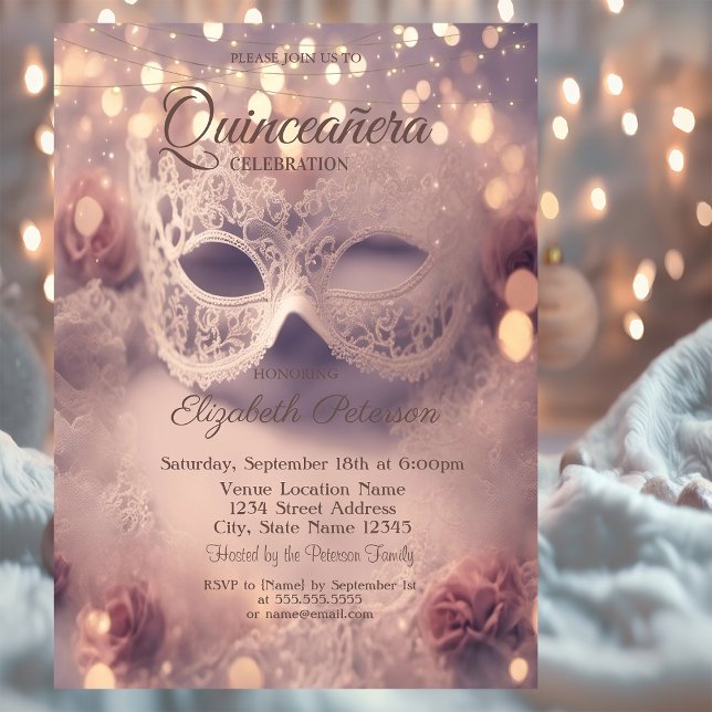 Invitation Masque de dentelle blanche Roses Quinceañera (Créateur téléchargé)