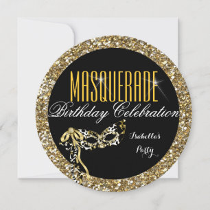 Invitation Masque de Fête Anniversaire Paillettes Dorées Masq