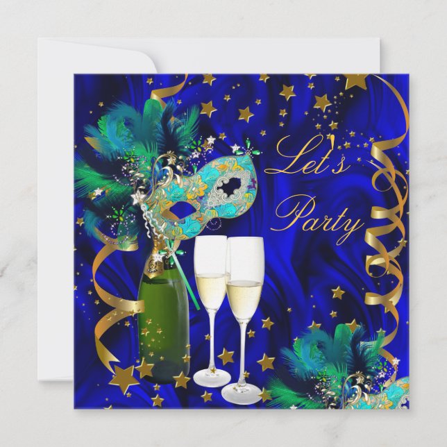Invitation Masque de fête Champagne Bleu Or Mascarade (Devant)