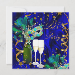 Invitation Masque de fête Champagne Bleu Or Mascarade