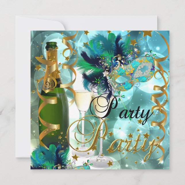 Invitation Masque de fête Champagne Bleu Or Mascarade (Devant)