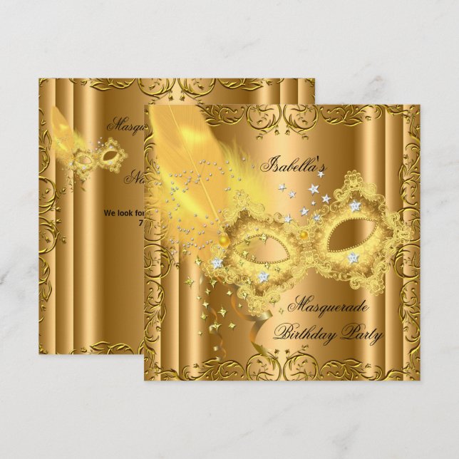 Invitation Masque de Fête Costumée Or Bronze Jaune (Devant / Derrière)