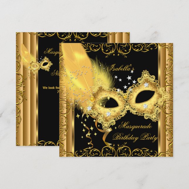Invitation Masque de Fête Costumée Or Noir Jaune (Devant / Derrière)