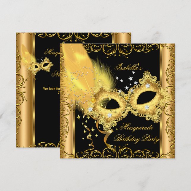 Invitation Masque de Fête Costumée Or Noir Jaune 2 (Devant / Derrière)