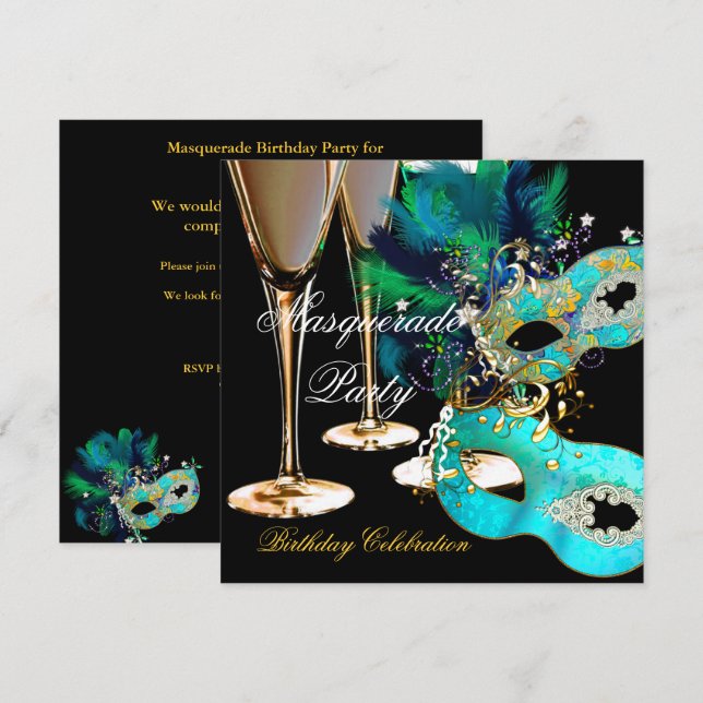Invitation Masque de fête d'anniversaire en bleu sarcelle et  (Devant / Derrière)