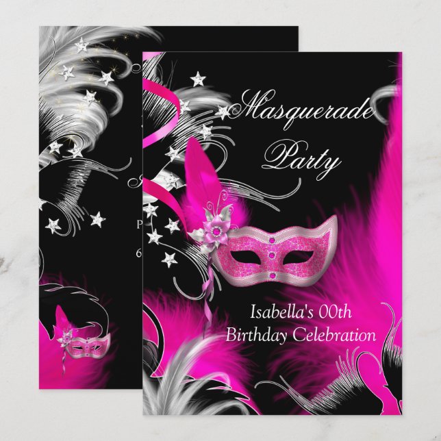 Invitation Masque de fête d'anniversaire en rose vif Masque n (Devant / Derrière)