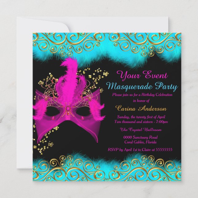 Invitation Masque de fête d'anniversaire en turquoise rose or (Devant)