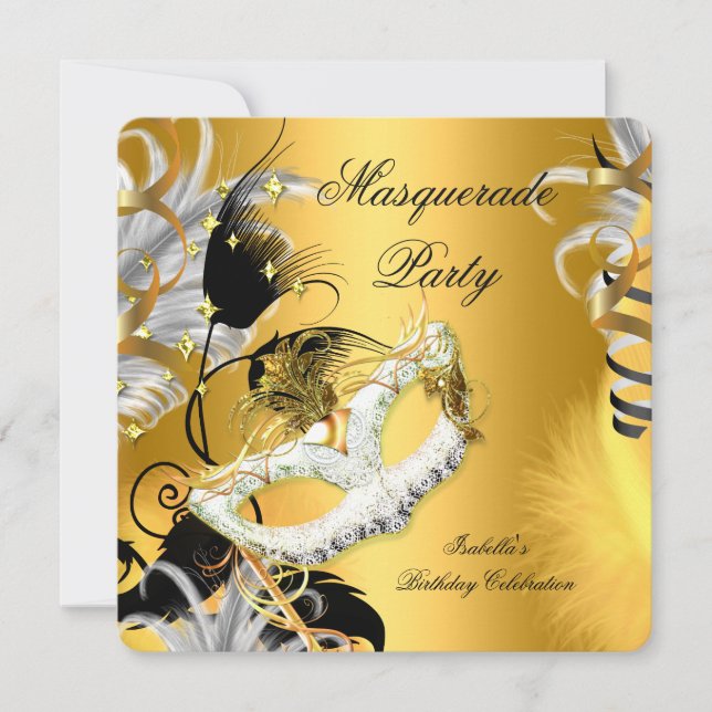 Invitation Masque de fête d'anniversaire Mascarade Noir Or (Devant)
