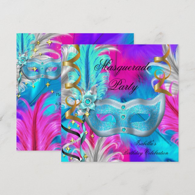 Invitation Masque de fête d'anniversaire sarcelle Mascarade V (Devant / Derrière)